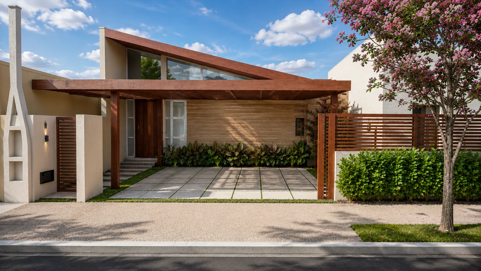 Visualização 3D de projeto de fachada residencial com paisagismo