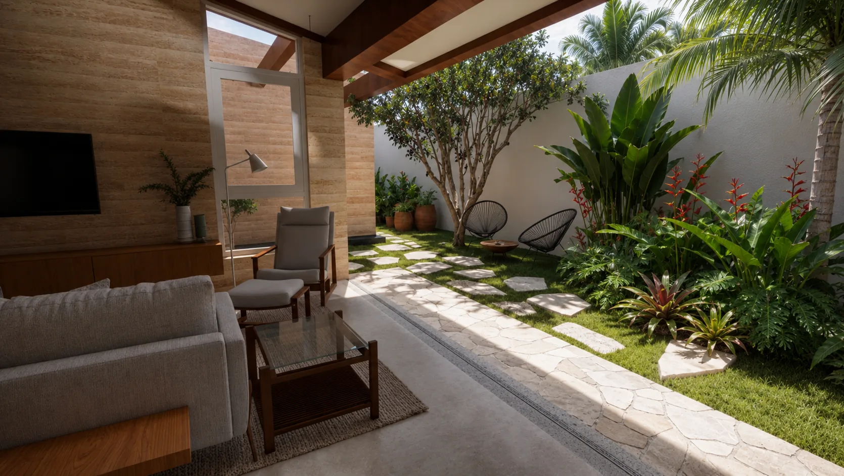 Visualização 3D de projeto de jardim interno integrado à sala