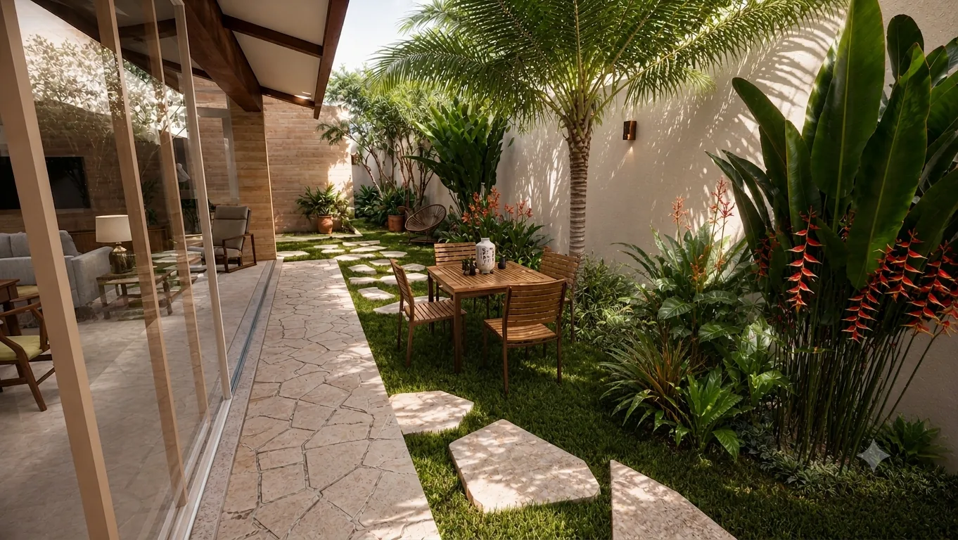 Visualização 3D de projeto de jardim com área de estar