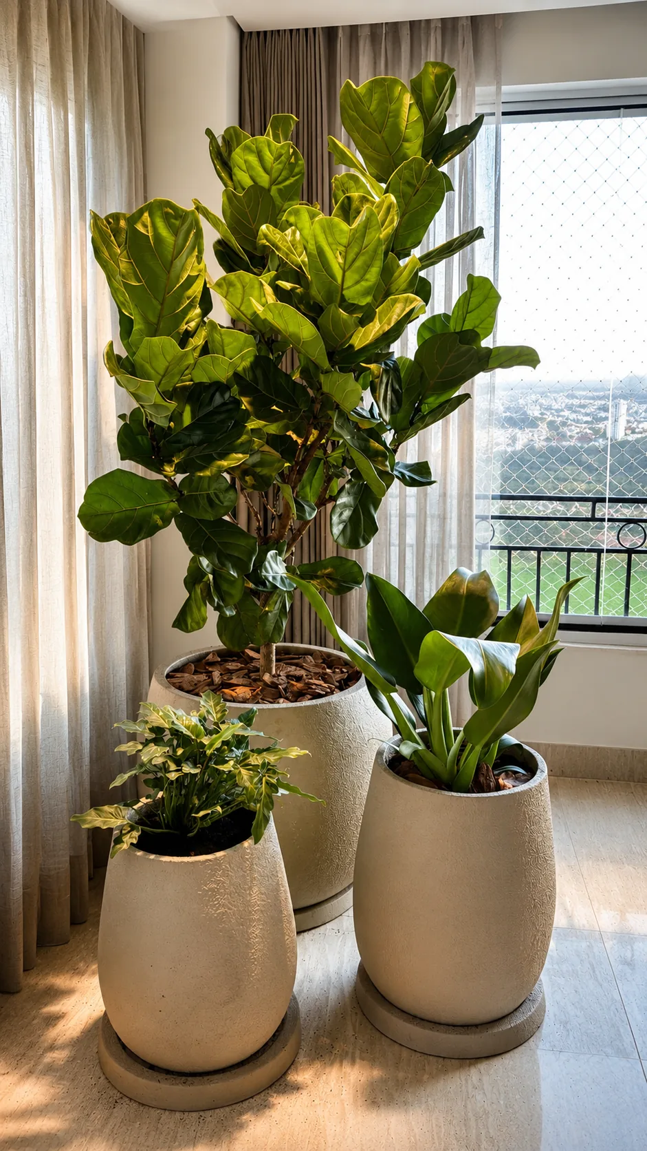 Vasos claros com figueira lira e folhagens junto à janela do apartamento